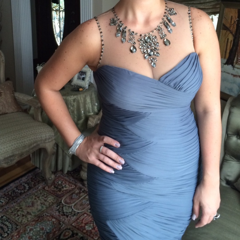 Adrianna Papell gray cocktail dress with sequin neckline